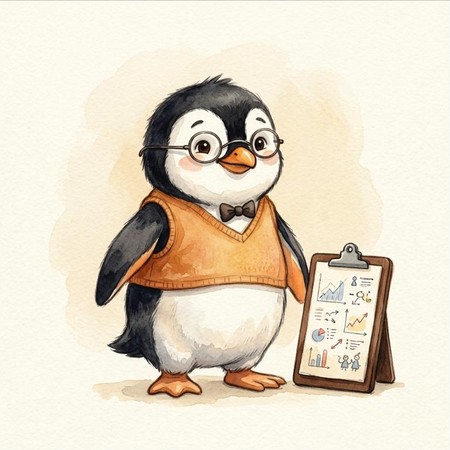 Gerald the penguin with glasses and a chart