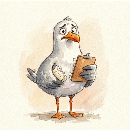 Nigel the seagull holding a clipboard