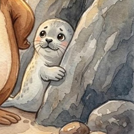 A shy seal pup peeking out from behind a rock