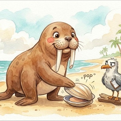 Melo popping open a clam shell with his short tusk while Nigel the seagull watches