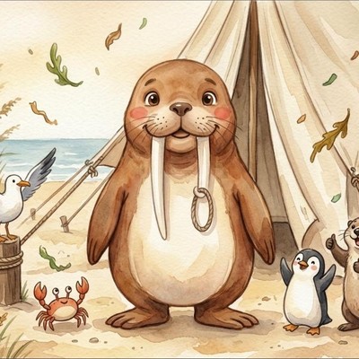 Melo freeing a knotted tent rope with his short tusk
