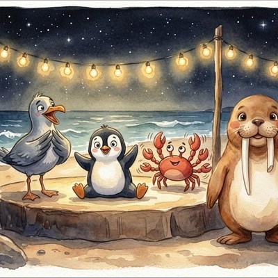 Melo and friends on stage at the beach talent show at night